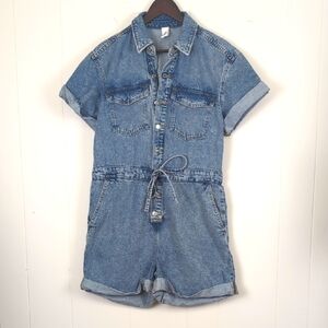H&M Blue Denim Romper Short Sleeves Drawstring Waist